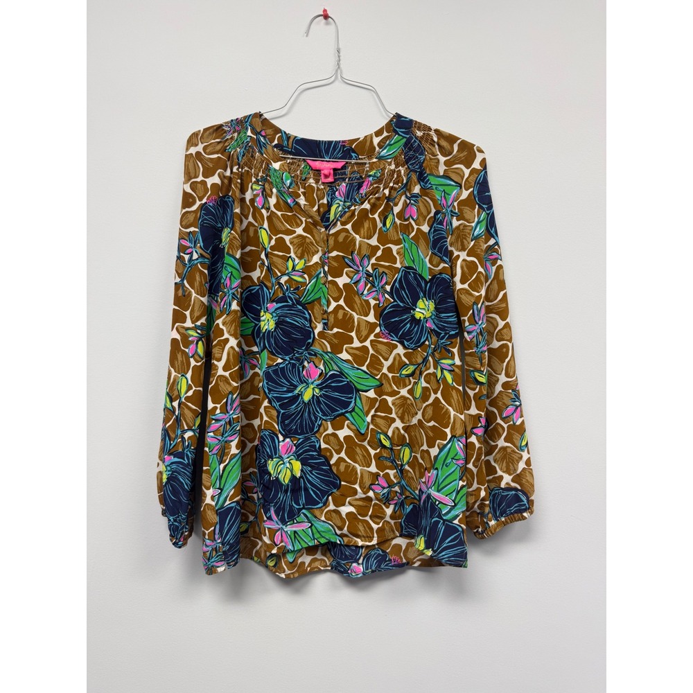 Lilly Pulitzer Elsa Silk Top Brown Giraffe Floral Print Smocked Blouse Medium